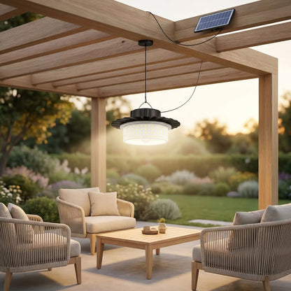 Luminaires suspension exterieur solaires sous pergola avec panneau solaire déporté et installation sans câble