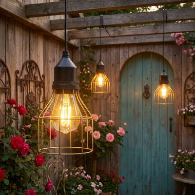 lustre solaire extérieur suspendu devant un mur en bois rustique et une porte turquoise entourée de roses