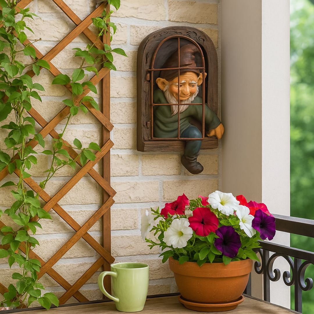 Statue en nain de jardin accroché sur le mur du balcon à côté d'un treillis avec plantes grimpantes