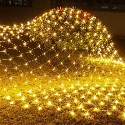 Rideau lumineux doré en maille LED pour façade, jardin ou balcon festif