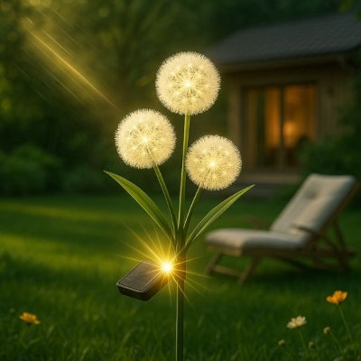 Une solaire lampe plantée sur la pelouse avec une chaise longue et des rayons de soleil