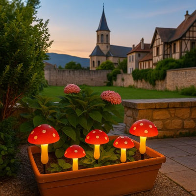 La solaire lampe champignon plantée dans le bac à fleur au sol de la terrasse et jardin et église derrière en journée