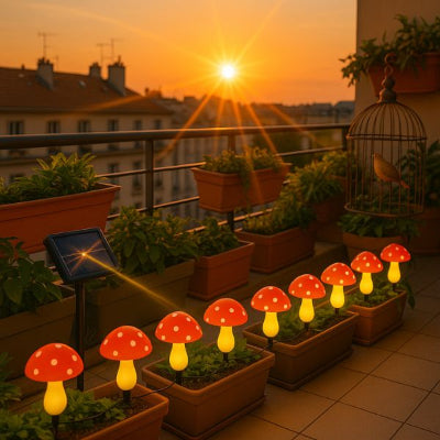 olaire lampe illuminant un potager de balcon à la tombée de la nuit