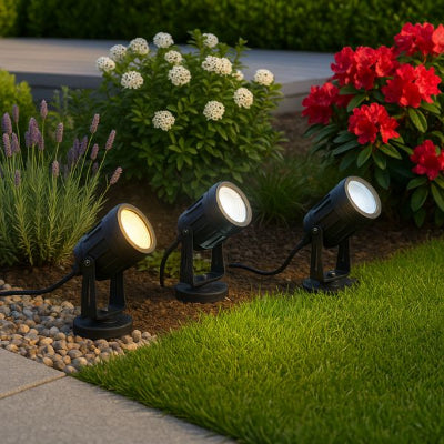 spot exterieur etanche éclairant un jardin fleuri en soirée