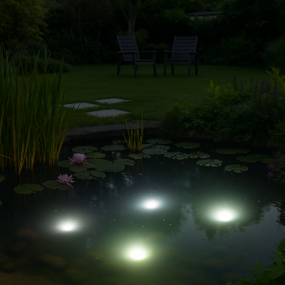 spot exterieur led éclairant un bassin de jardin la nuit