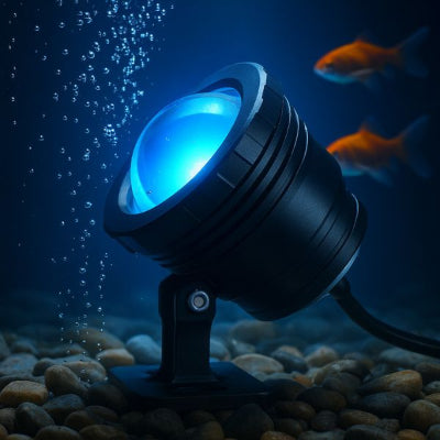 spot exterieur led bleu sous l’eau avec bulles et poissons

