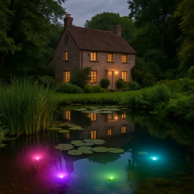 spot exterieur led projetant des couleurs RVB sur un bassin nocturne