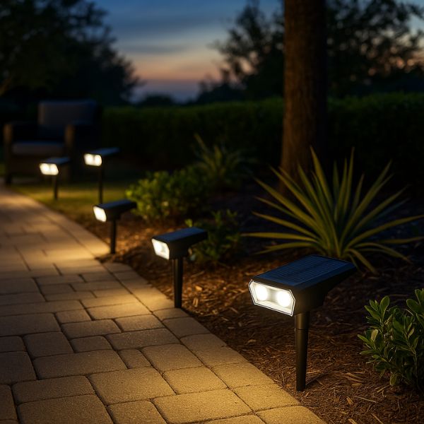 Spot exterieur solaire aligné éclairant allée de jardin avec lumière blanc chaud au crépuscule