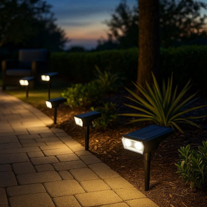 Spot exterieur solaire aligné éclairant allée de jardin avec lumière blanc chaud au crépuscule