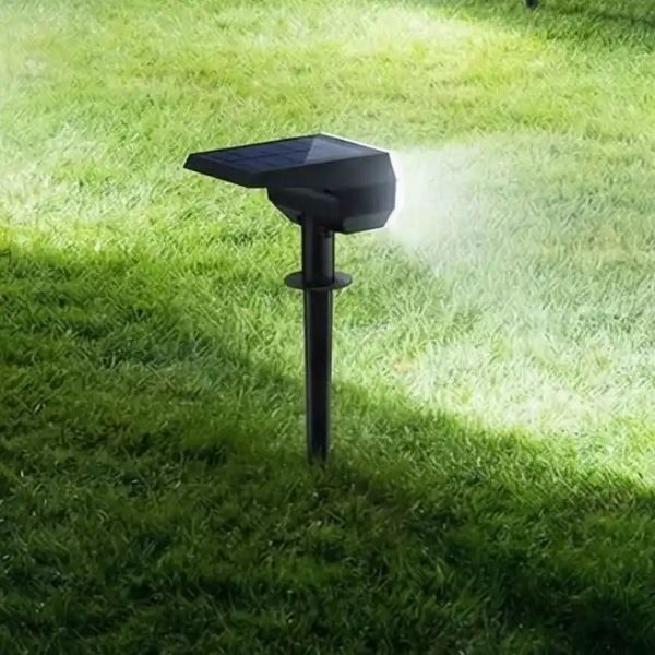 Spot exterieur solaire lumière blanc froid planté dans pelouse éclairant jardin de nuit