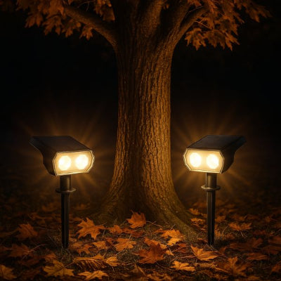 spot extérieur solaire éclairant un arbre entouré de feuilles d’automne