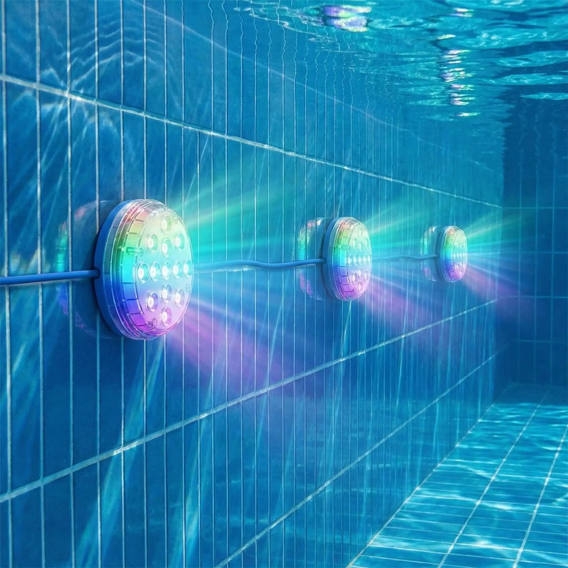 spot piscine multicolore dans eau bleu turquoise de piscine