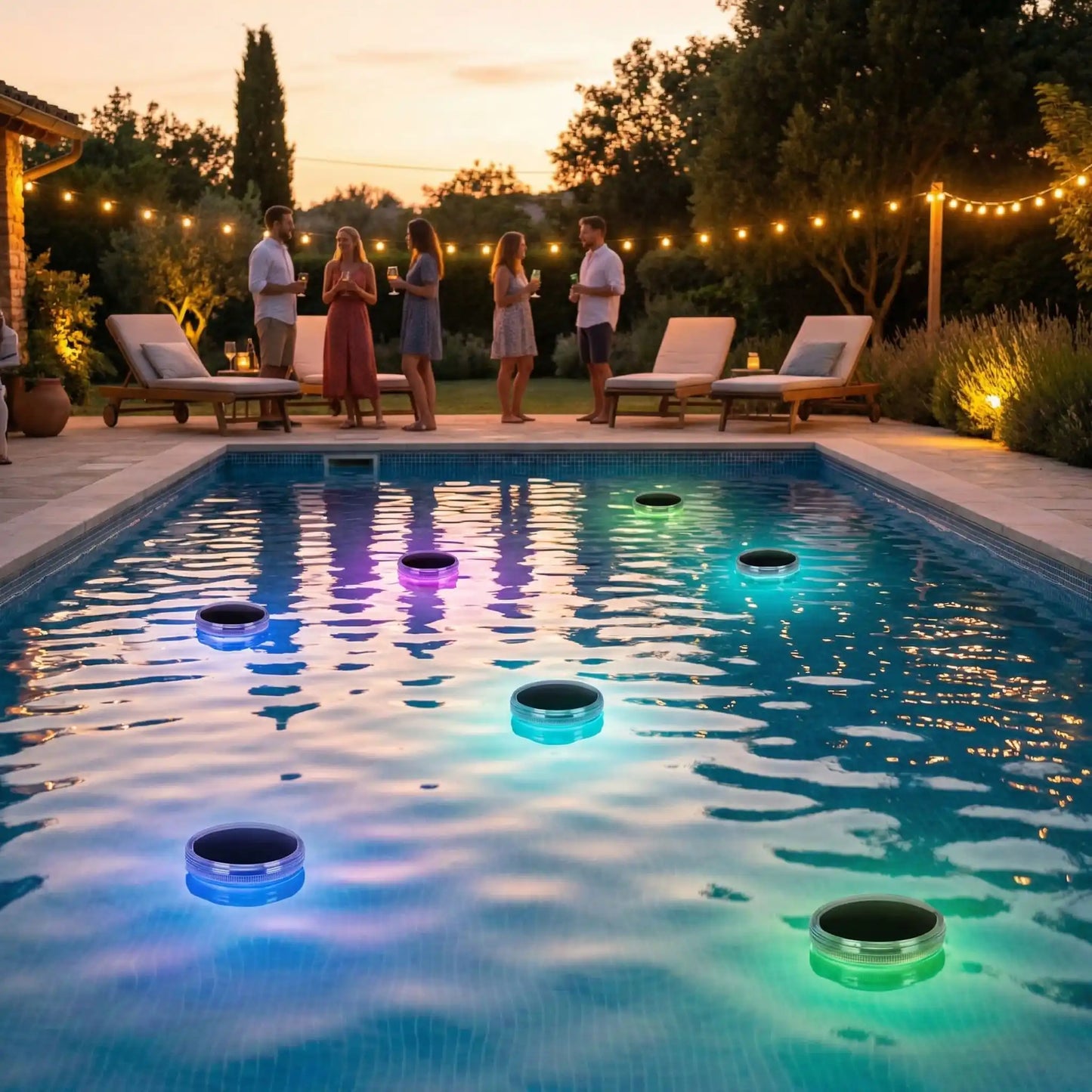 spot piscine avec différents coloris où l'on voit des personnes debout prenant l'apéritif. Quelques guirlandes et spots dans la végétation