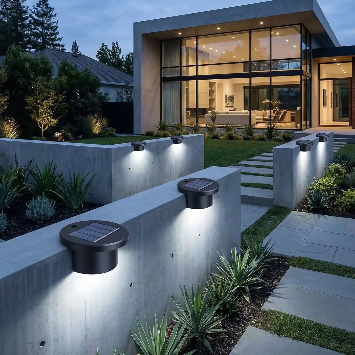 spot piscine fixé sur muret dans jardin lumière LED blanc froid avec pelouse, allée et jolie maison contemporaine éclairée avec grandes baies vitrées