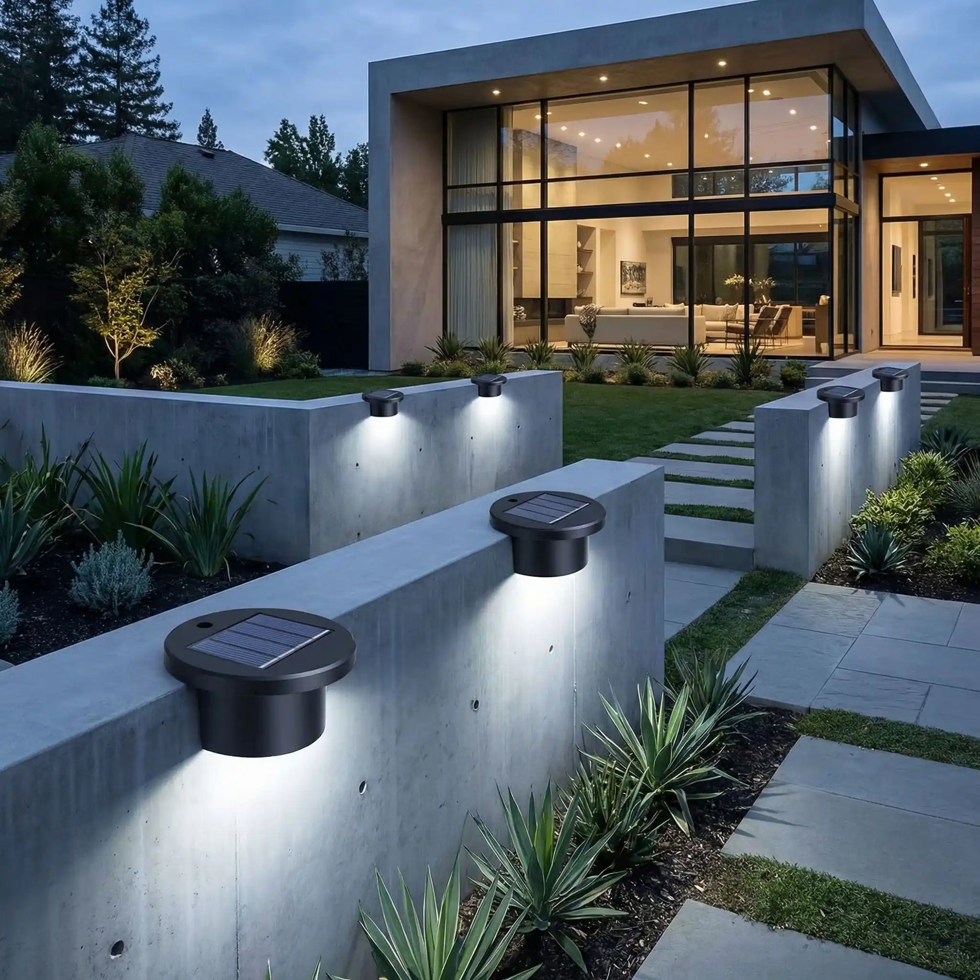 spot piscine fixé sur muret dans jardin lumière LED blanc froid avec pelouse, allée et jolie maison contemporaine éclairée avec grandes baies vitrées