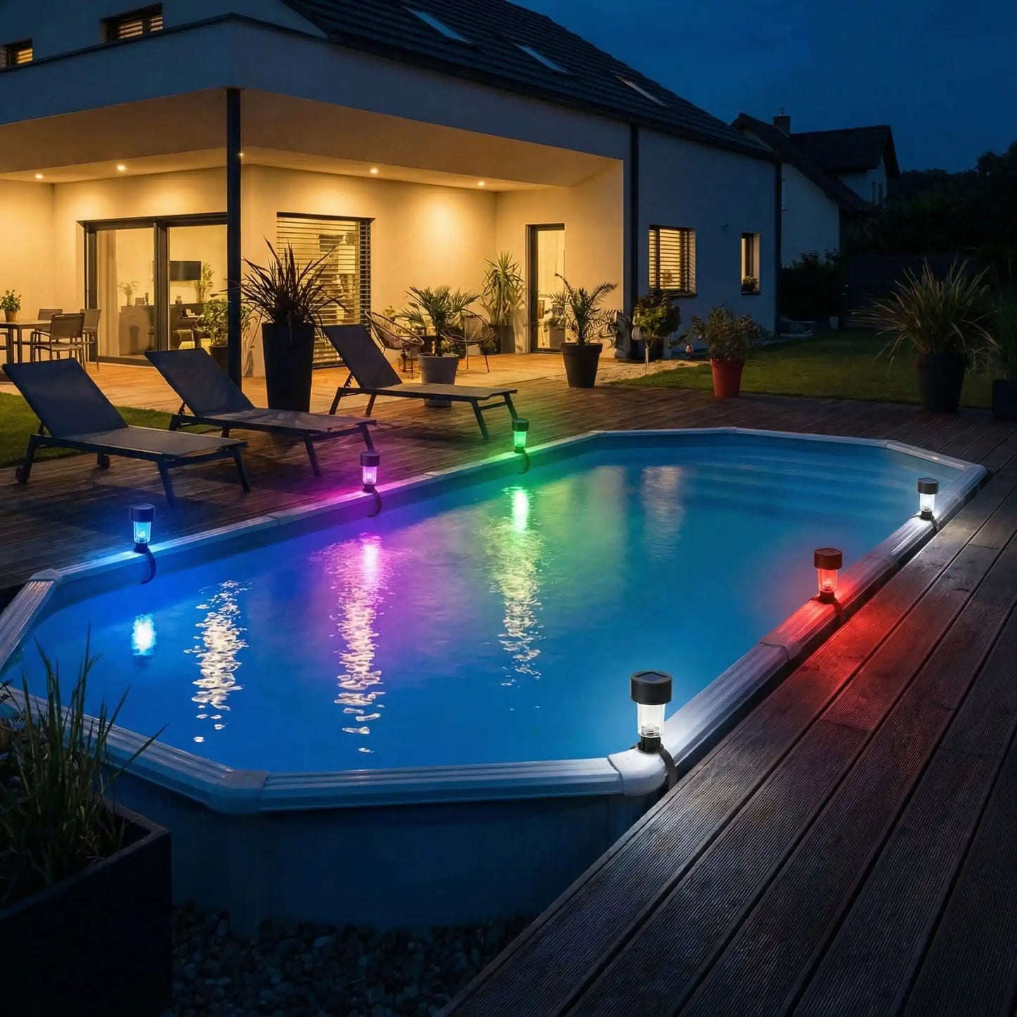 spot piscine autour d'une piscine hors sol, chaises longues et maison contemporaine éclairée en arrière plan