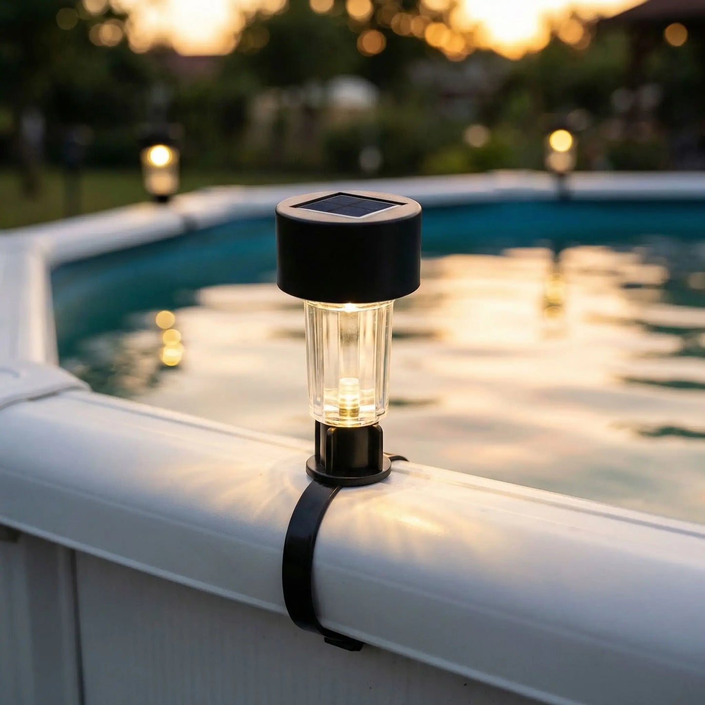 spot piscine fixé sur le rebord d'une piscine hors sol, maison et jardin en second plan