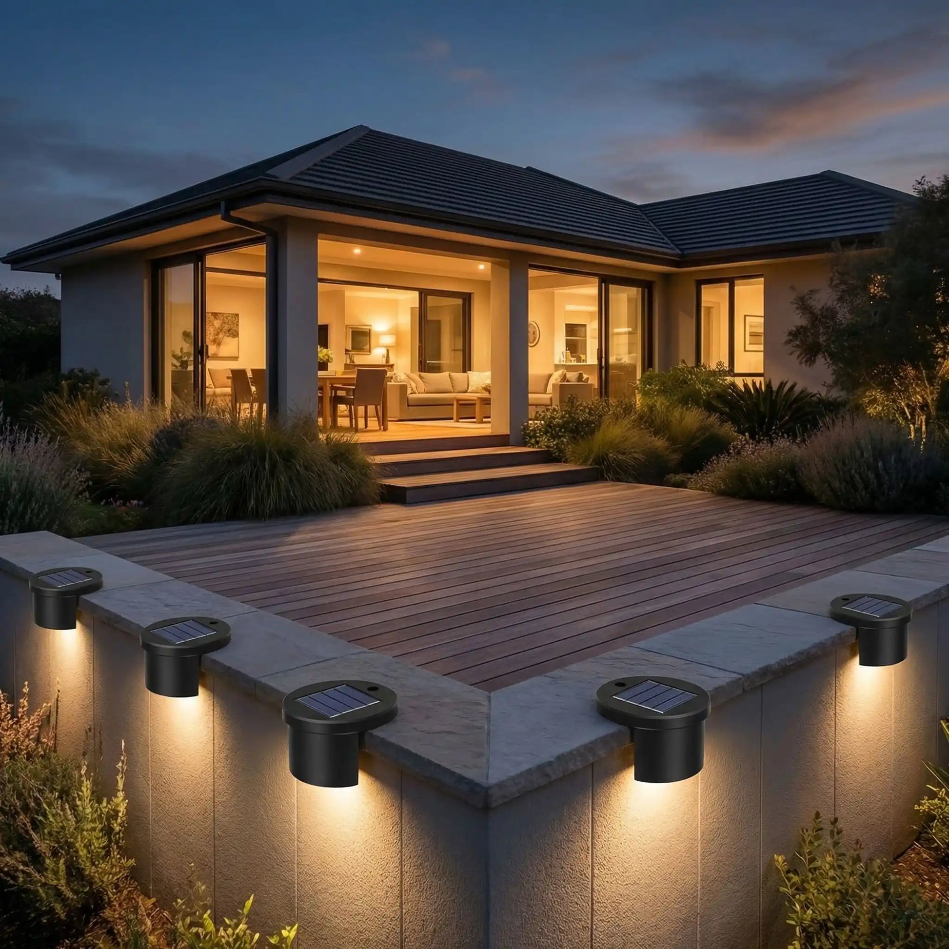 spot piscine fixé sur rebord de terrasse en bois lumière blanc chaud avec maison contemporaine illuminée et jardin avec plantes
