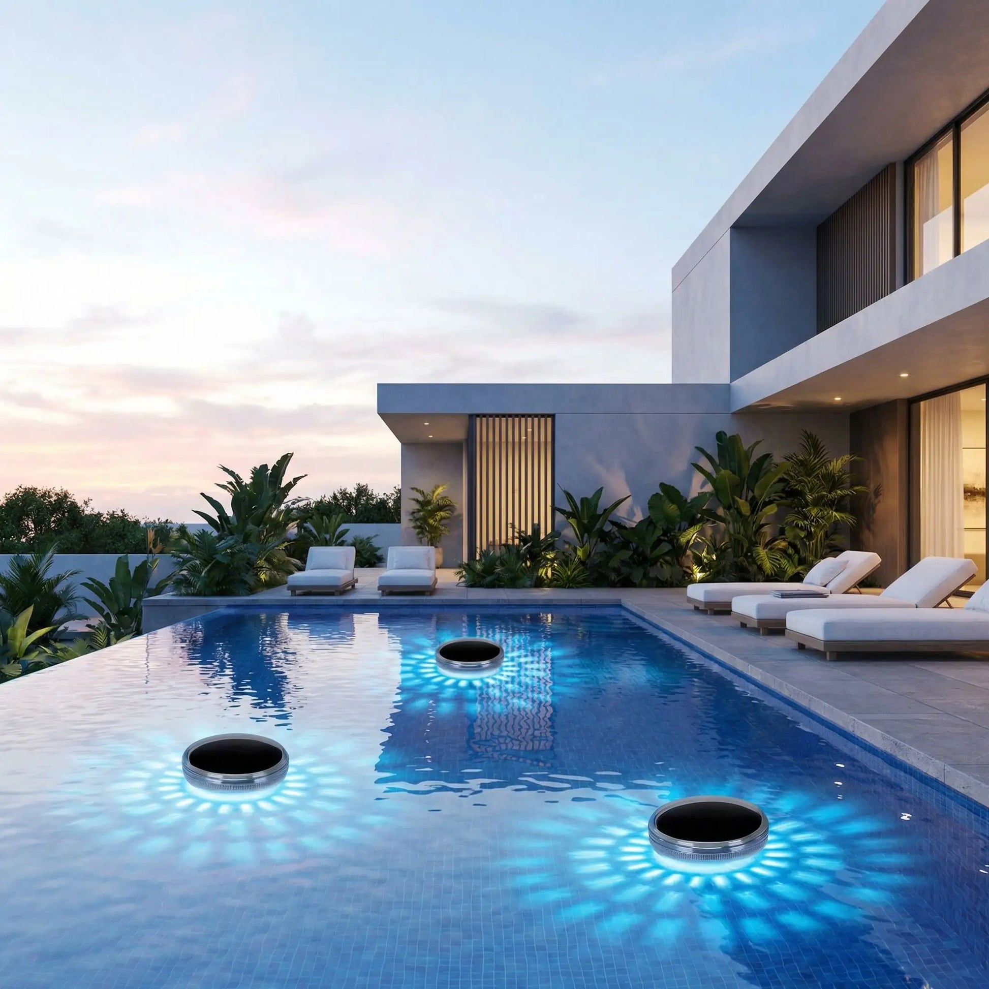 spot piscine bleu flottant à côté d'une maison contemporaine au crépuscule, chaises longues autour de la piscine à débordement