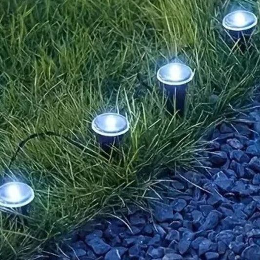 Spot solaire extérieur lumière blanc froid installé en bordure de jardin pour éclairage d'allée extérieur