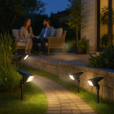spots solaires exterieurs alignés le long d’une allée pavée de jardin