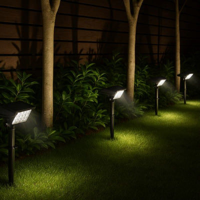 spots solaires extérieurs éclairant pelouse, arbustes et arbres d’un jardin nocturne.
