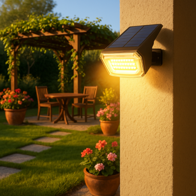 spots solaires extérieurs diffusant une lumière chaude sur une terrasse fleurie avec pergola et table de jardin