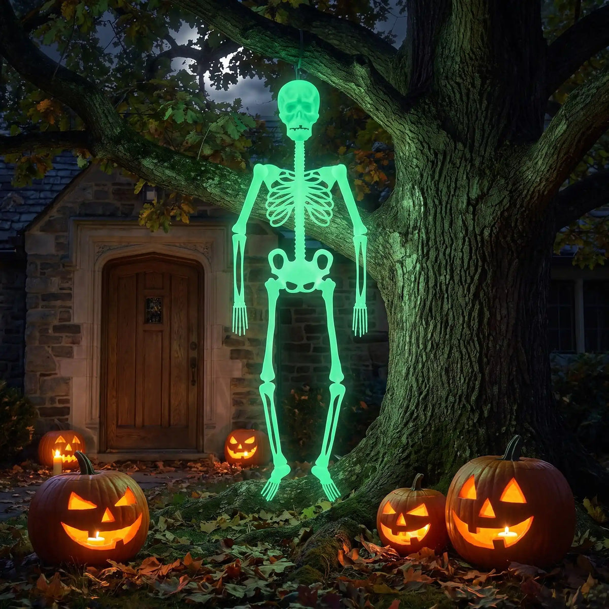 squelette halloween lumineux 150 cm suspendu à un grand arbre devant une maison, entouré de citrouilles sculptées.