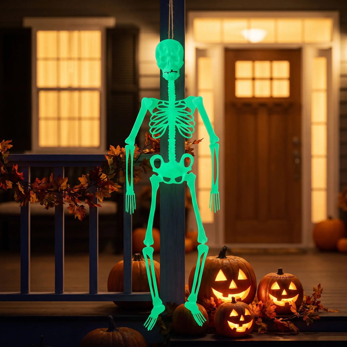 squelette halloween lumineux 90 cm suspendu à un poteau de porche, entouré de citrouilles sculptées et de feuillage d'automne.