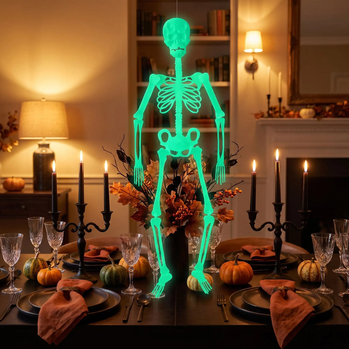 squelette halloween lumineux vert suspendu au-dessus d'une table dressée pour un dîner d'Halloween élégant, bougies et citrouilles décoratives.