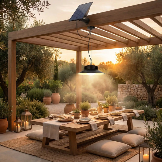 Suspension extérieure étanche solaire avec lumière LED douce sur terrasse moderne