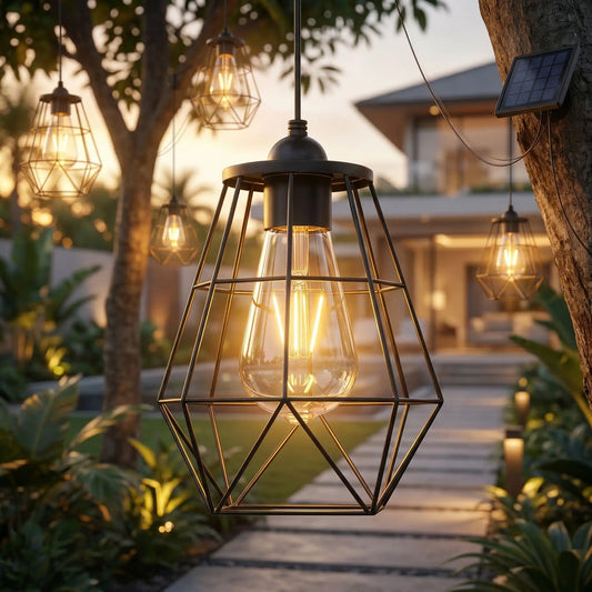 suspension extérieure étanche solaire lumière chaude jardin terrasse pergola lanterne led decorative ambiance cosy