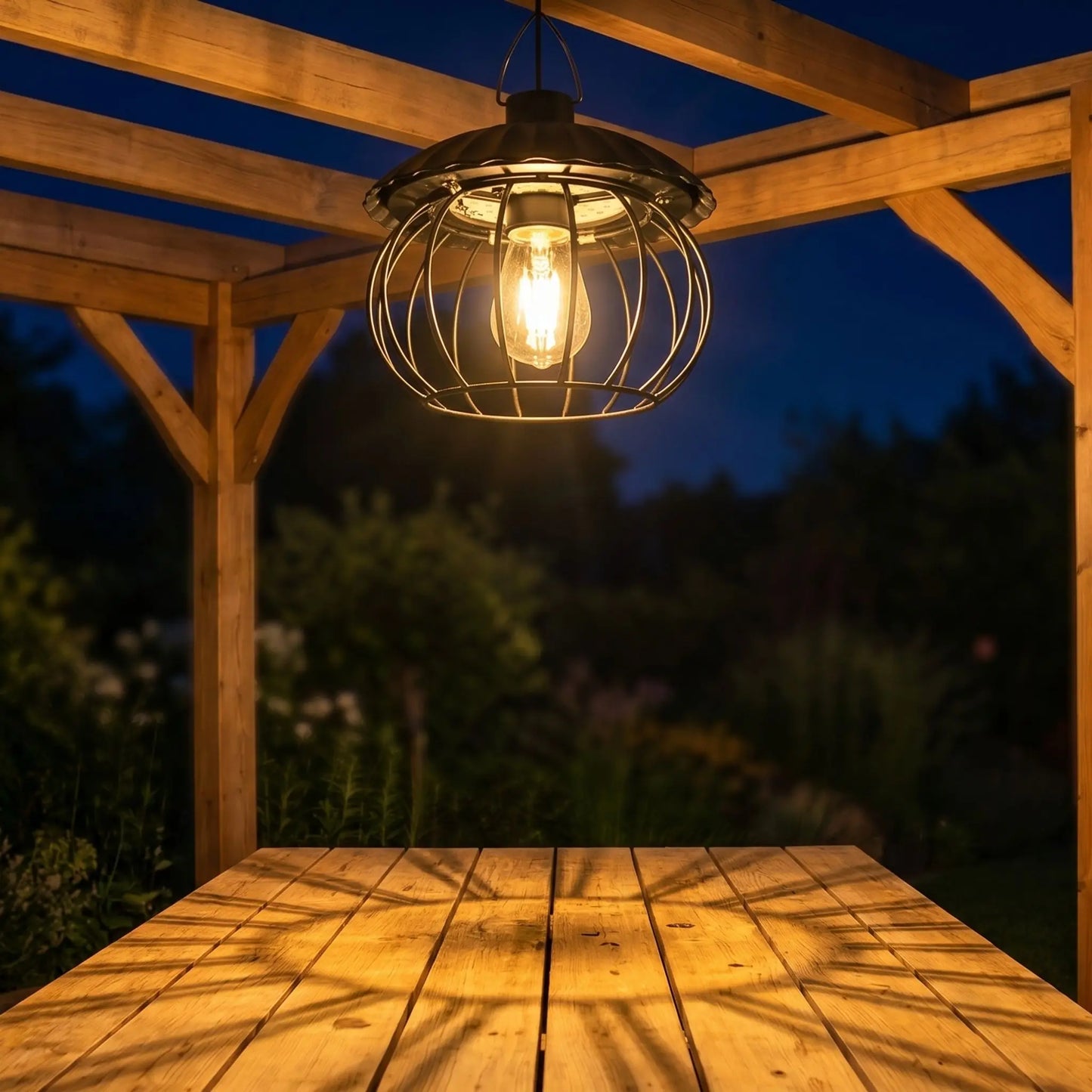 suspension exterieure suspendue a une pergola éclairant une table dans un jardin à la tombée de la nuit