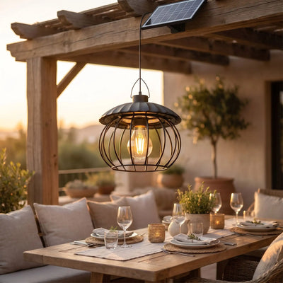 suspension exterieure solaire sous pergola éclairage LED blanc chaud ambiance terrasse dîner extérieur